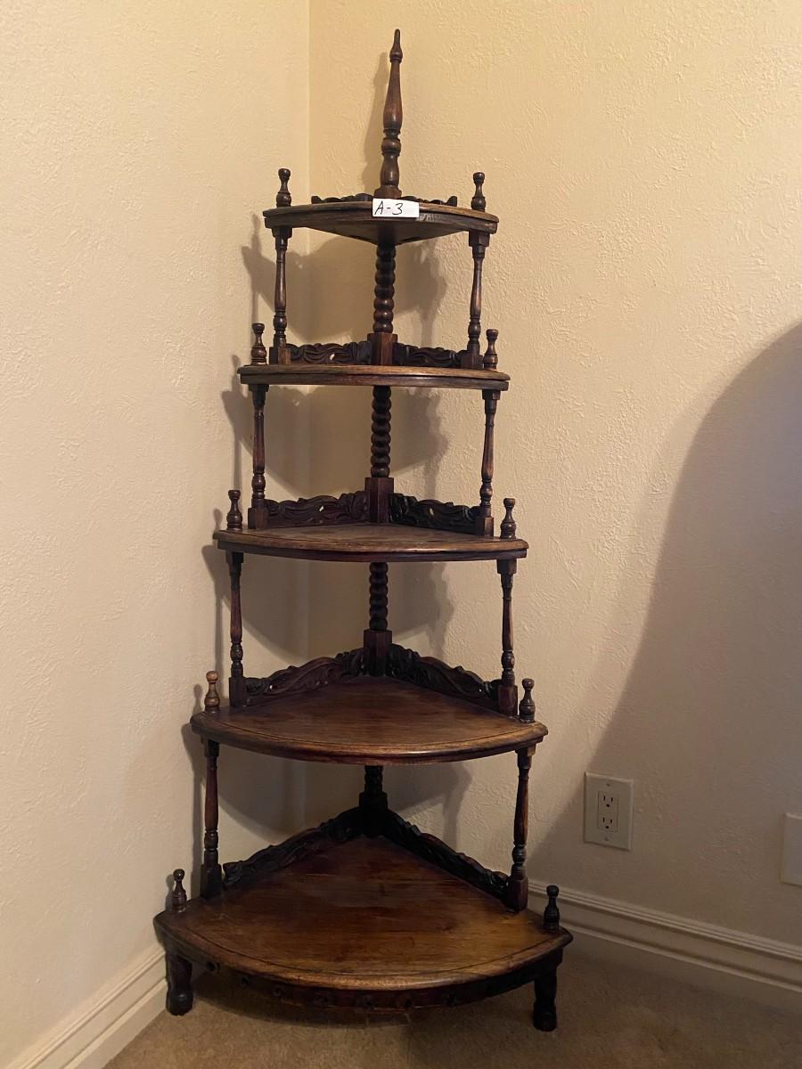 Beautiful Antique Corner Shelf Dark Wood Display with Accents