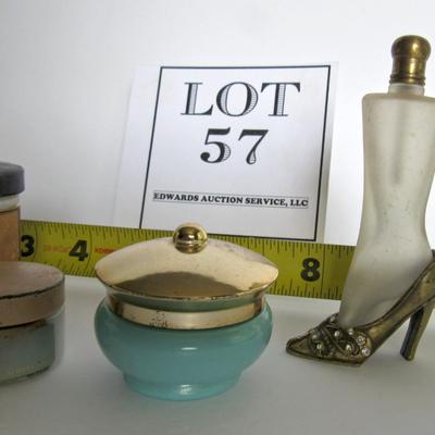 Old Leg Shaped Perfume Bottle, Empty Avon Jar, 2 Milk Glass Jars