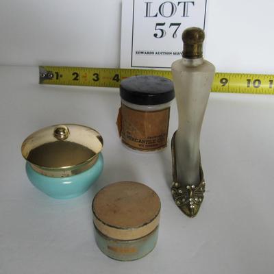 Old Leg Shaped Perfume Bottle, Empty Avon Jar, 2 Milk Glass Jars