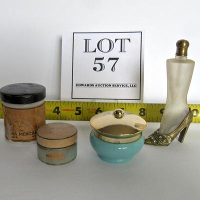 Old Leg Shaped Perfume Bottle, Empty Avon Jar, 2 Milk Glass Jars