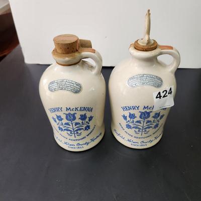 2 Henry McKenna Kentucky Whiskey Half Gallon Stoneware Jugs  w Corks Pourers
