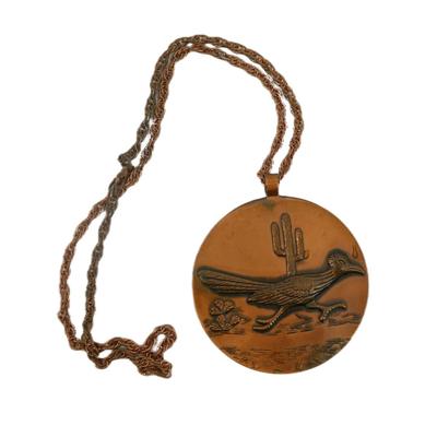 Vintage Solid Copper Roadrunner Medallion Necklace