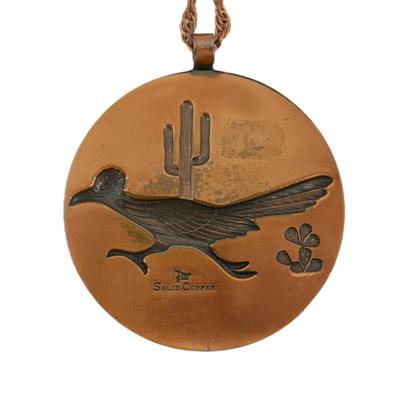 Vintage Solid Copper Roadrunner Medallion Necklace
