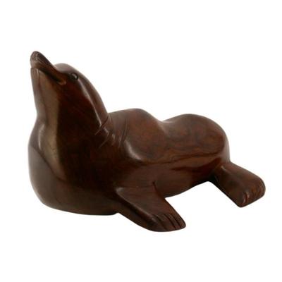 Large Handcarved Solid Wood Seal Statue