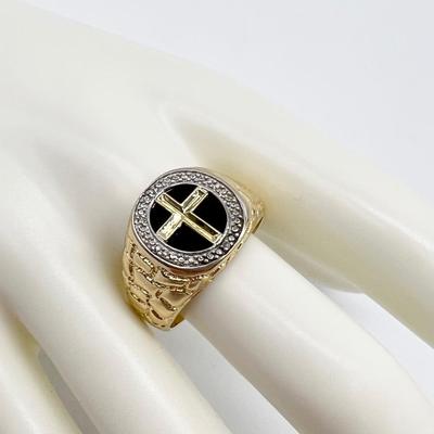 10K YG ~ Black Onyx Cross Diamond Ring ~ Mens Size 11