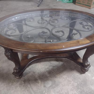 Wood Frame Wrought Metal Accent with Glass Insert Top Coffee Table