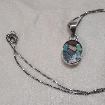 Gemstone Inlay Taxco Silver Pendant 18" Italian Necklace