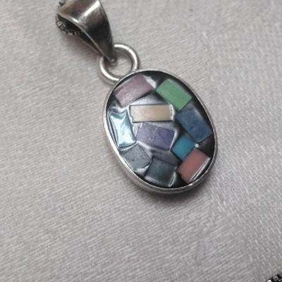 Gemstone Inlay Taxco Silver Pendant 18" Italian Necklace