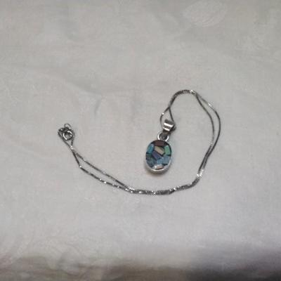 Gemstone Inlay Taxco Silver Pendant 18" Italian Necklace