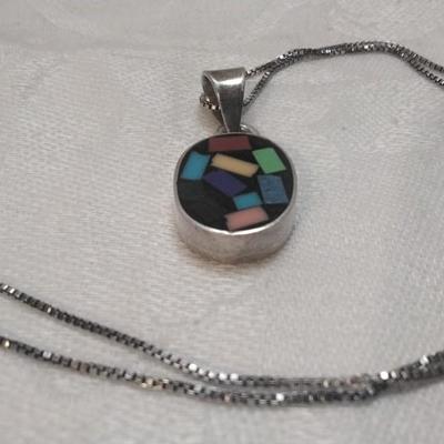 Gemstone Inlay Taxco Silver Pendant 18" Italian Necklace