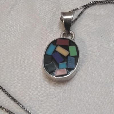 Gemstone Inlay Taxco Silver Pendant 18" Italian Necklace