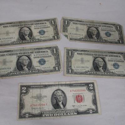 1955 1957 $1 One Dollar Bill Blue Seal & 1953 $2 Two Dollar Red Seal