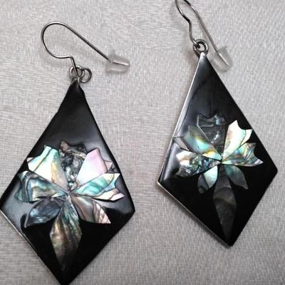Vintage Onyx and Abalone Mexico 925 Earrings