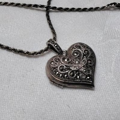 Hallmarked JJ Marcasite Heart Locket Italian 18" Italian 925 Necklace