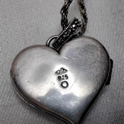 Hallmarked JJ Marcasite Heart Locket Italian 18" Italian 925 Necklace