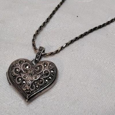 Hallmarked JJ Marcasite Heart Locket Italian 18" Italian 925 Necklace
