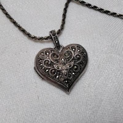Hallmarked JJ Marcasite Heart Locket Italian 18" Italian 925 Necklace