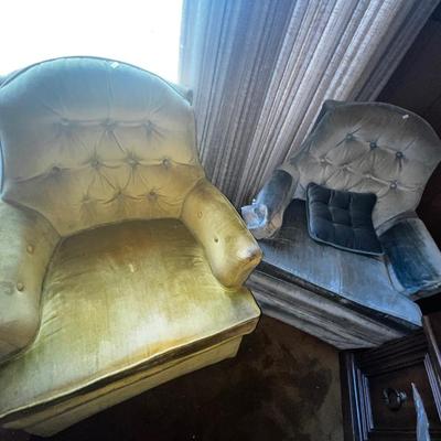60s BROYHILL VELVET CHAIRS, SIDE TABLE, GLASS LIVING TABLE