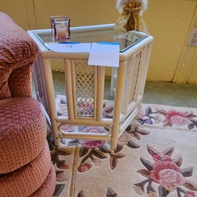 White wicker patio end table