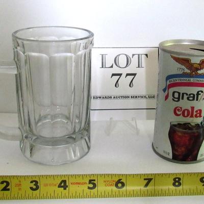 Heavy Old Glass Beer Mug and Graf Cola Bicentennial Can With Moon Landing Back