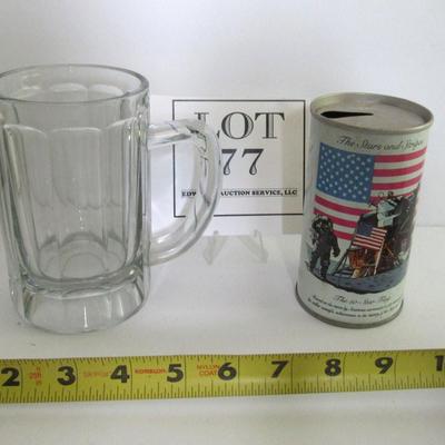 Heavy Old Glass Beer Mug and Graf Cola Bicentennial Can With Moon Landing Back