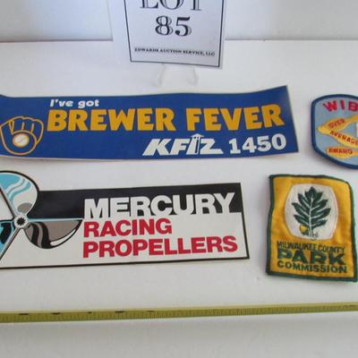 Vintage Mercury Racing Propellers and Brewers Bumper Stickers and 2 Patches