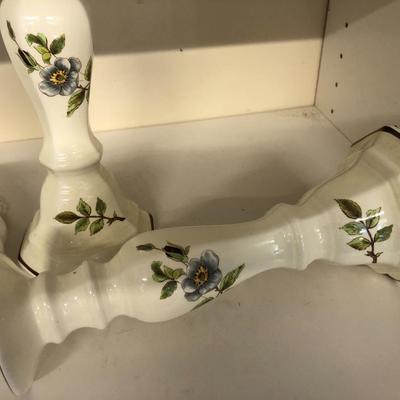 Antique SEVERN Dish w/Lid and Pair 10â€ Sangostone Japan Candle Stick Holders -Lot 289