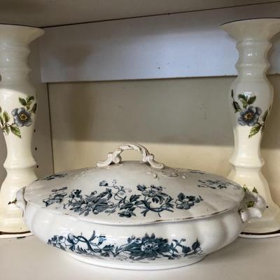 Antique SEVERN Dish w/Lid and Pair 10â€ Sangostone Japan Candle Stick Holders -Lot 289