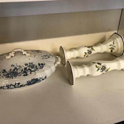 Antique SEVERN Dish w/Lid and Pair 10â€ Sangostone Japan Candle Stick Holders -Lot 289