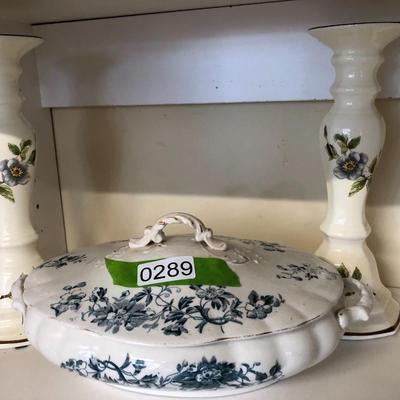 Antique SEVERN Dish w/Lid and Pair 10â€ Sangostone Japan Candle Stick Holders -Lot 289