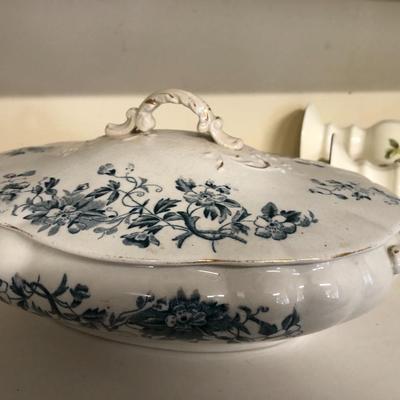 Antique SEVERN Dish w/Lid and Pair 10â€ Sangostone Japan Candle Stick Holders -Lot 289