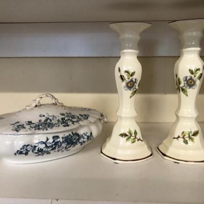 Antique SEVERN Dish w/Lid and Pair 10â€ Sangostone Japan Candle Stick Holders -Lot 289