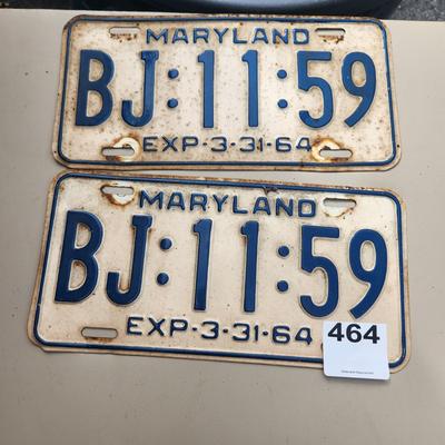 Matching Pair (2) Maryland License Plate 1964