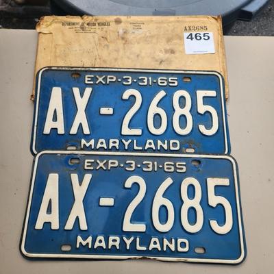 Matching Pair (2) Maryland License Plate 1965