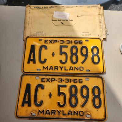 Matching Pair (2) Maryland License Plate 1966