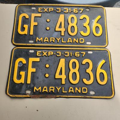 Matching Pair (2) Maryland License Plate 1967  GF4836