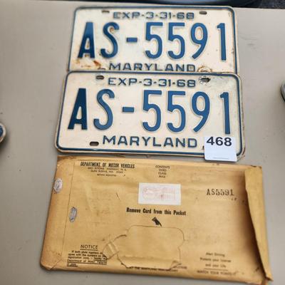 Matching Pair (2) Maryland License Plate 1968 AS5591