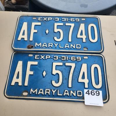 Matching Pair (2) Maryland License Plate 1969 AF5740
