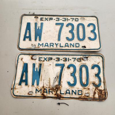 Matching Pair (2) Maryland License Plate 1970 AW7303