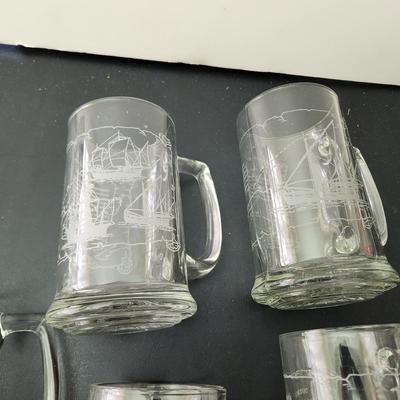 8 Vintage Heavy Glass Drinking Beer Mugs Tankards Sailing Nautical DÃ©cor