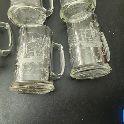 8 Vintage Heavy Glass Drinking Beer Mugs Tankards Sailing Nautical DÃ©cor