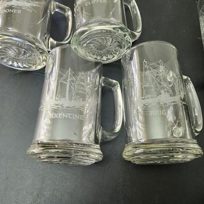 8 Vintage Heavy Glass Drinking Beer Mugs Tankards Sailing Nautical DÃ©cor