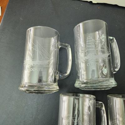 8 Vintage Heavy Glass Drinking Beer Mugs Tankards Sailing Nautical DÃ©cor