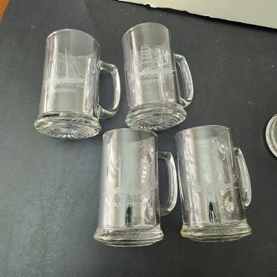 8 Vintage Heavy Glass Drinking Beer Mugs Tankards Sailing Nautical DÃ©cor
