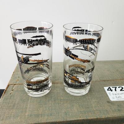 8 Mid Century Hi Ball 12oz  Bar Glasses Train Railroad Theme