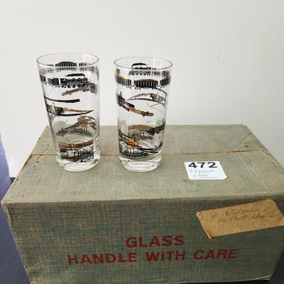 8 Mid Century Hi Ball 12oz  Bar Glasses Train Railroad Theme