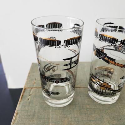 8 Mid Century Hi Ball 12oz  Bar Glasses Train Railroad Theme