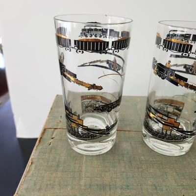 8 Mid Century Hi Ball 12oz  Bar Glasses Train Railroad Theme