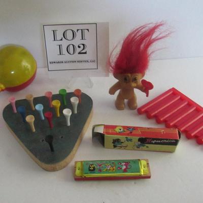 Vintage Small Toys, Troll, Plastic Instruments, Harmonica in Box