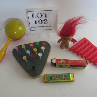Vintage Small Toys, Troll, Plastic Instruments, Harmonica in Box
